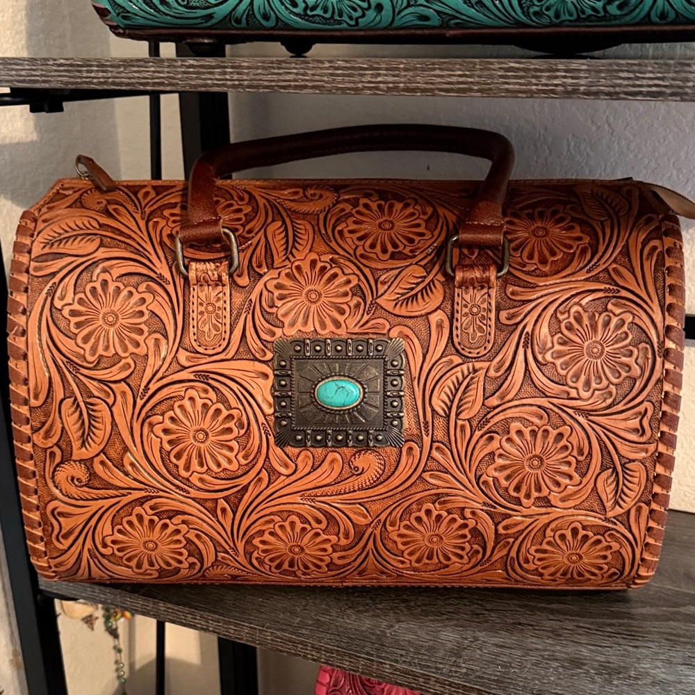Tooled Floral Leather Satchel with Turquoise Accent - Brown